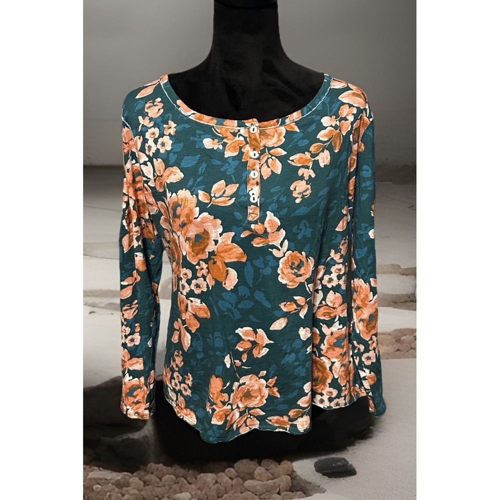 Sundance Women's Large Henley Top Cotton Floral Peachy Teal Cottagecore‎ Boho